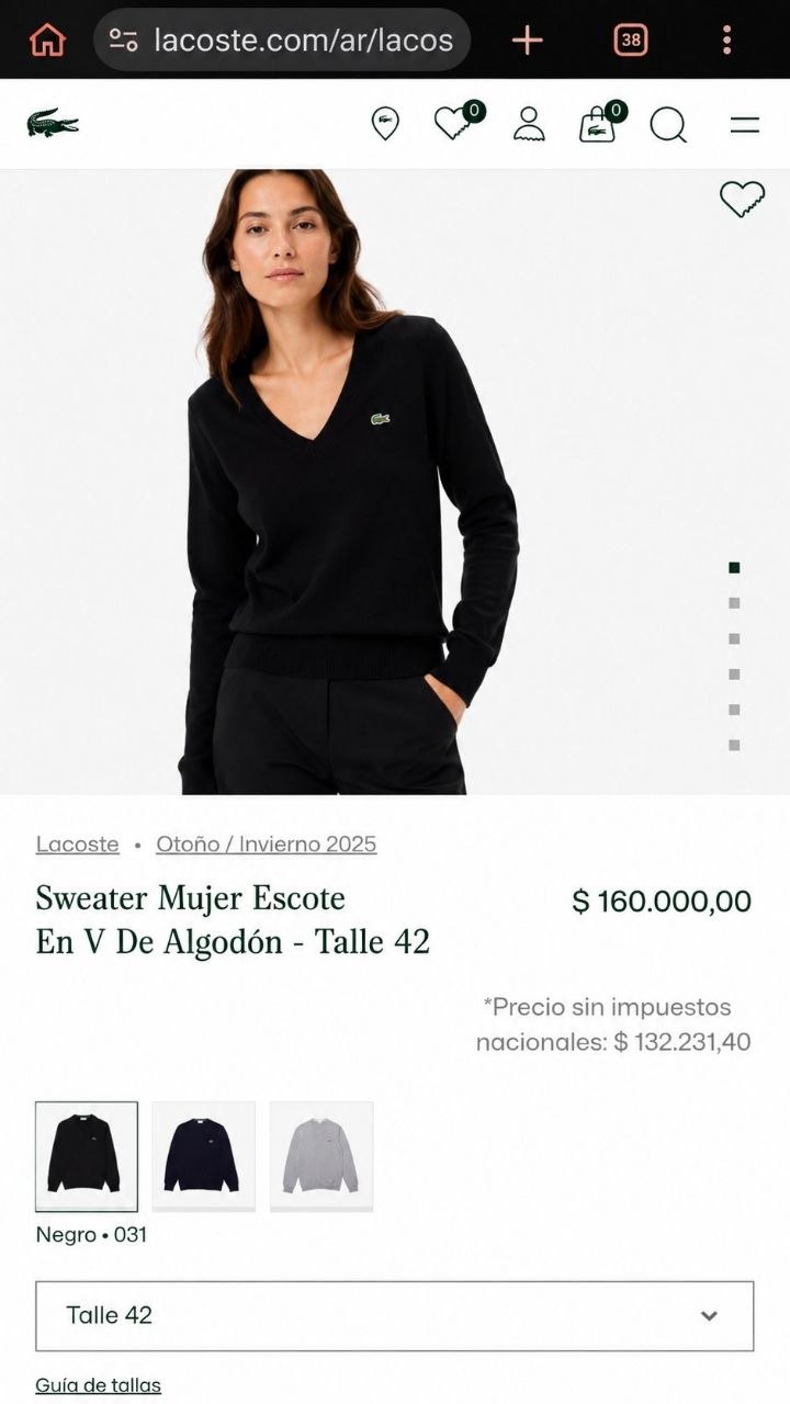 Женский свитер Lacoste с V-образным вырезом — размер 42 (L)