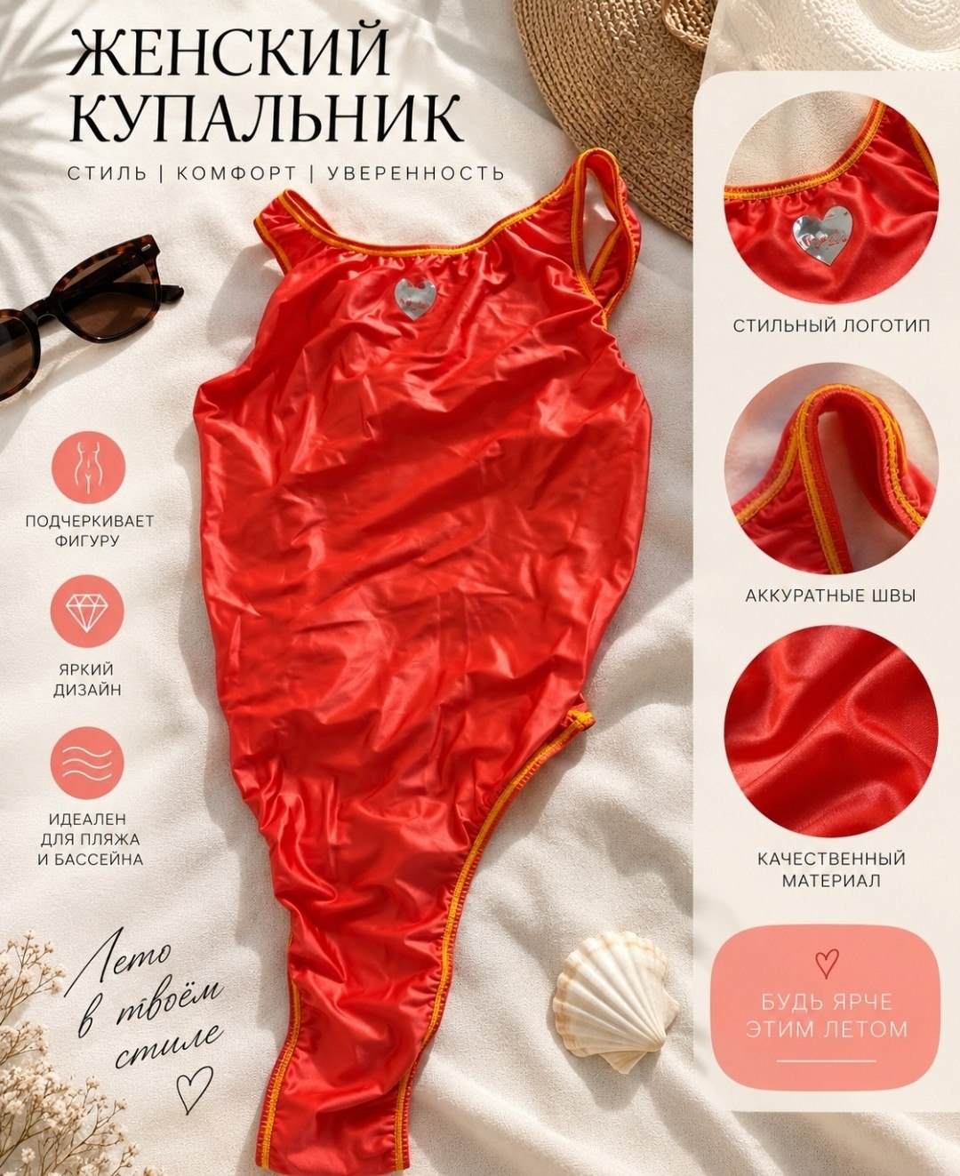 Яркий слитный купальник премиального бренда Hiro Gato Swimwear. Эффектный коралл