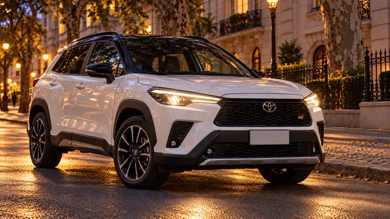Toyota Corolla Cross GR Sport CVT 2023 — белый, фото 1 — фары включены