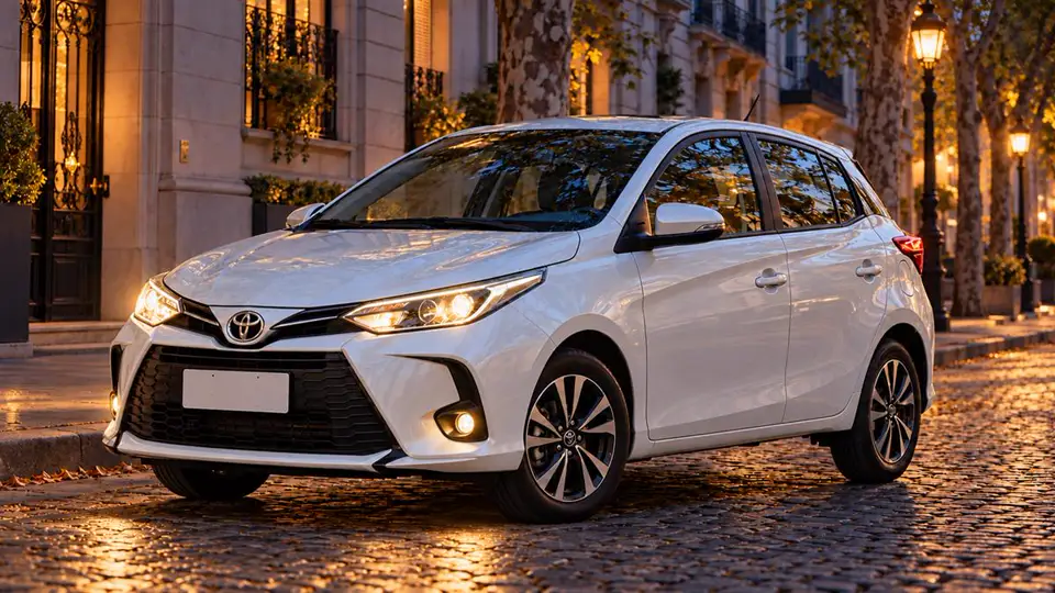 Toyota Yaris XS CVT 2025 #4 — белый, фото 1 — фары включены