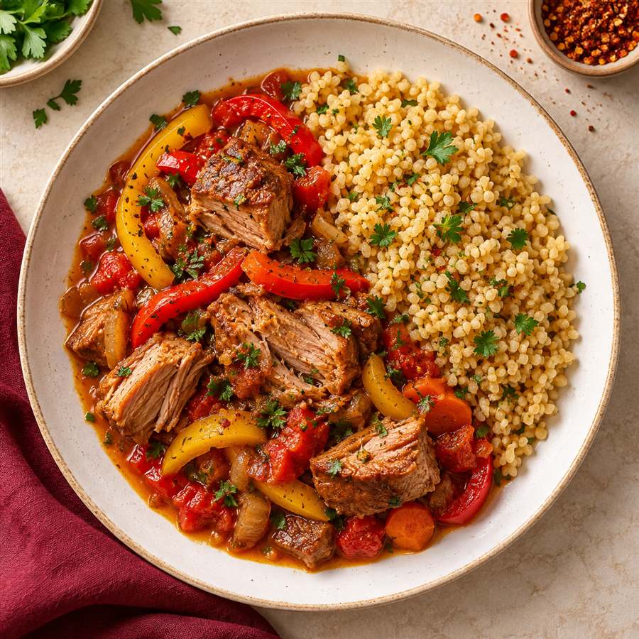 Cerdo con morrón y bulgur