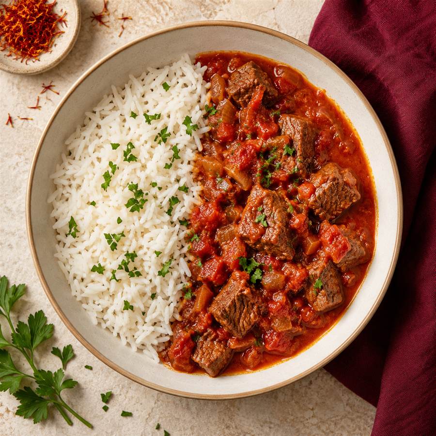 Arroz con carne en salsa de tomate