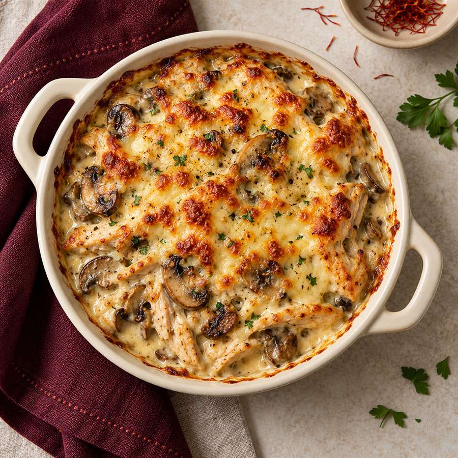 Julienne de pollo y hongos
