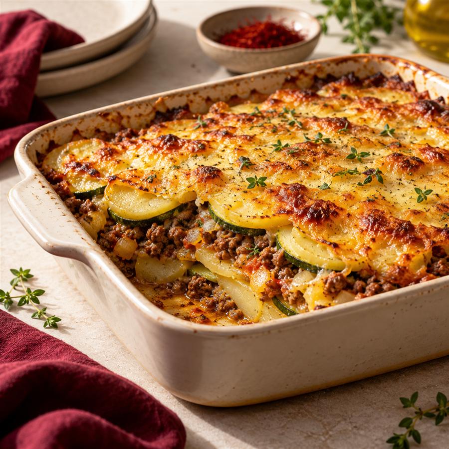 Gratinado de papa, zucchini y carne