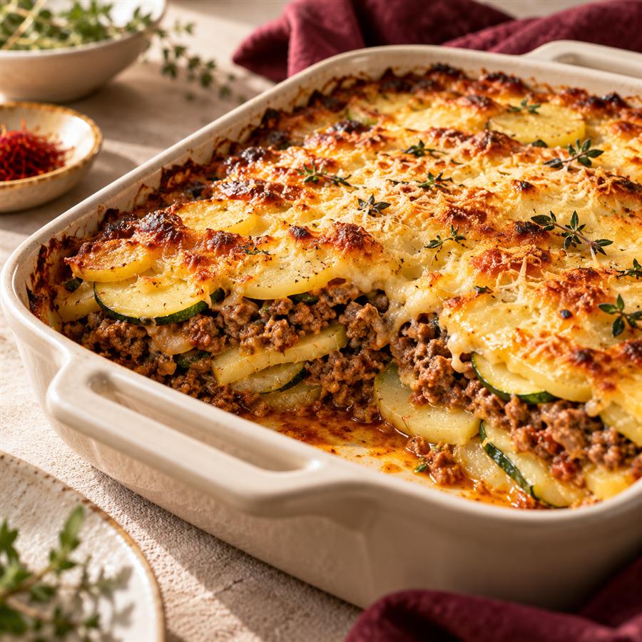 Gratinado de papa, zucchini y carne