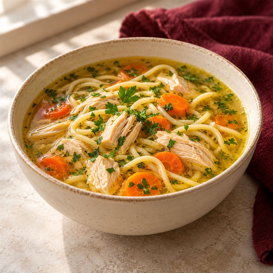 Sopa de pollo con fideos