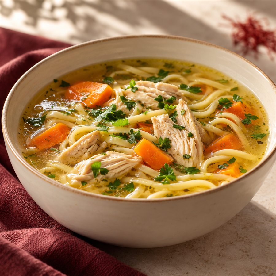 Sopa de pollo con fideos