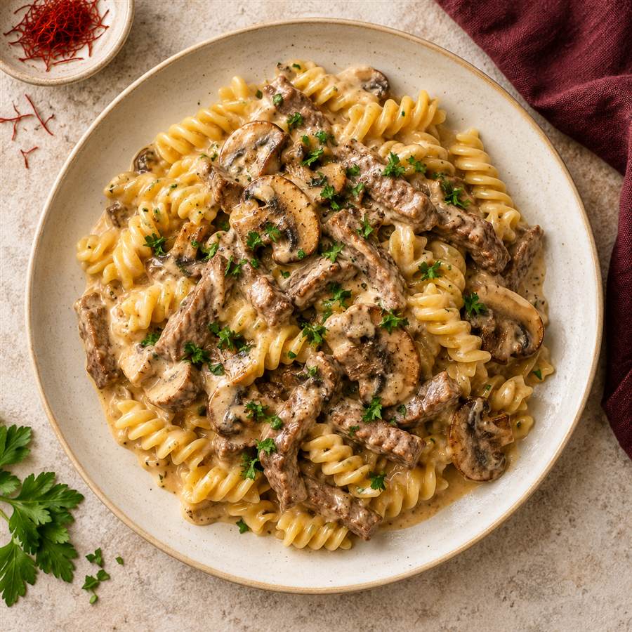 Strogonoff con champiñones y fusilli