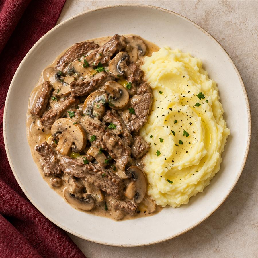 Strogonoff de carne con puré