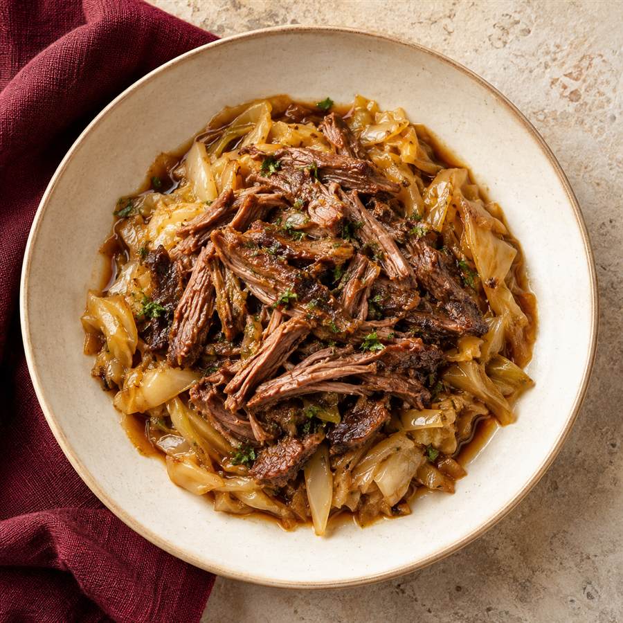 Repollo guisado con carne desmechada