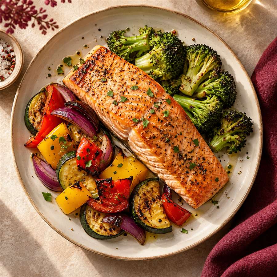 Salmón con verduras grilladas