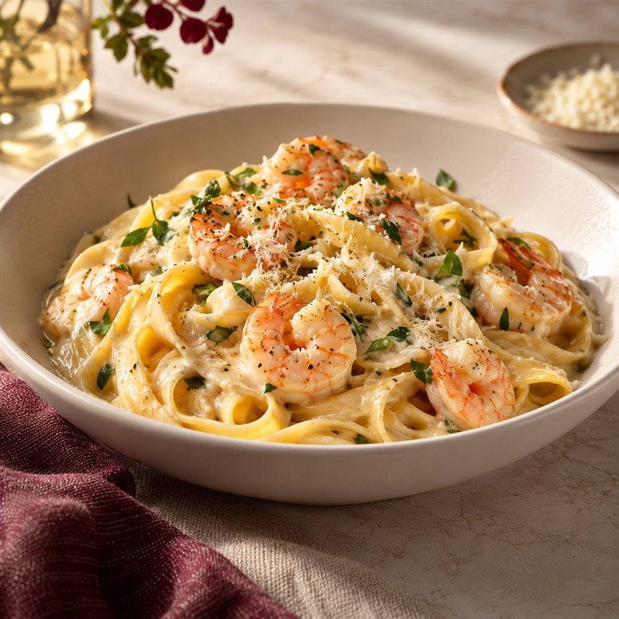 Pasta con langostinos en salsa de crema