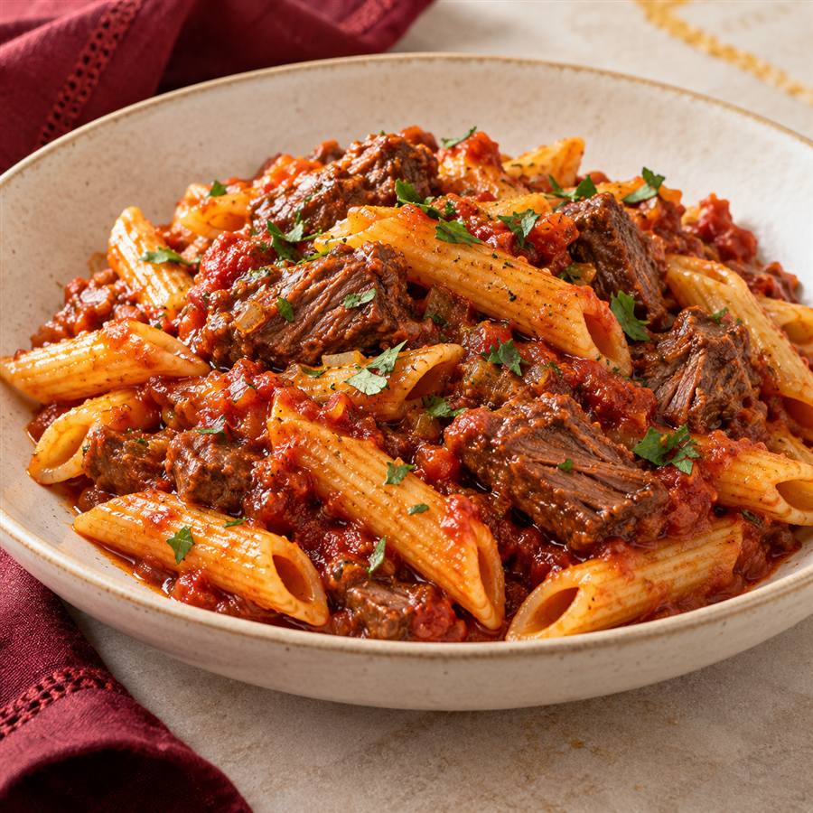 Penne con carne en salsa de tomate