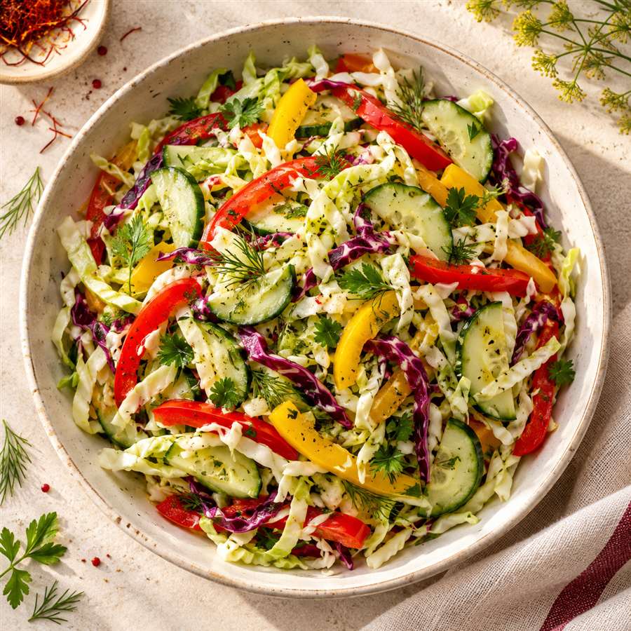 Ensalada de repollo, morrón y pepino