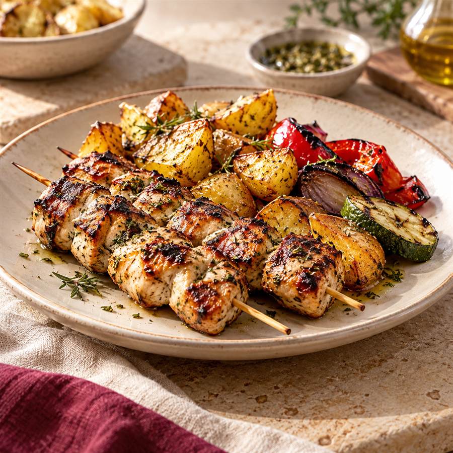 Brochetas de pollo con papas
