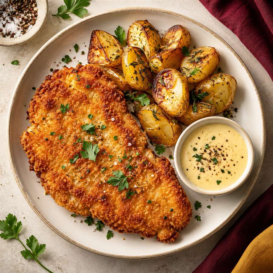 Milanesa de pollo con papas y salsa de queso