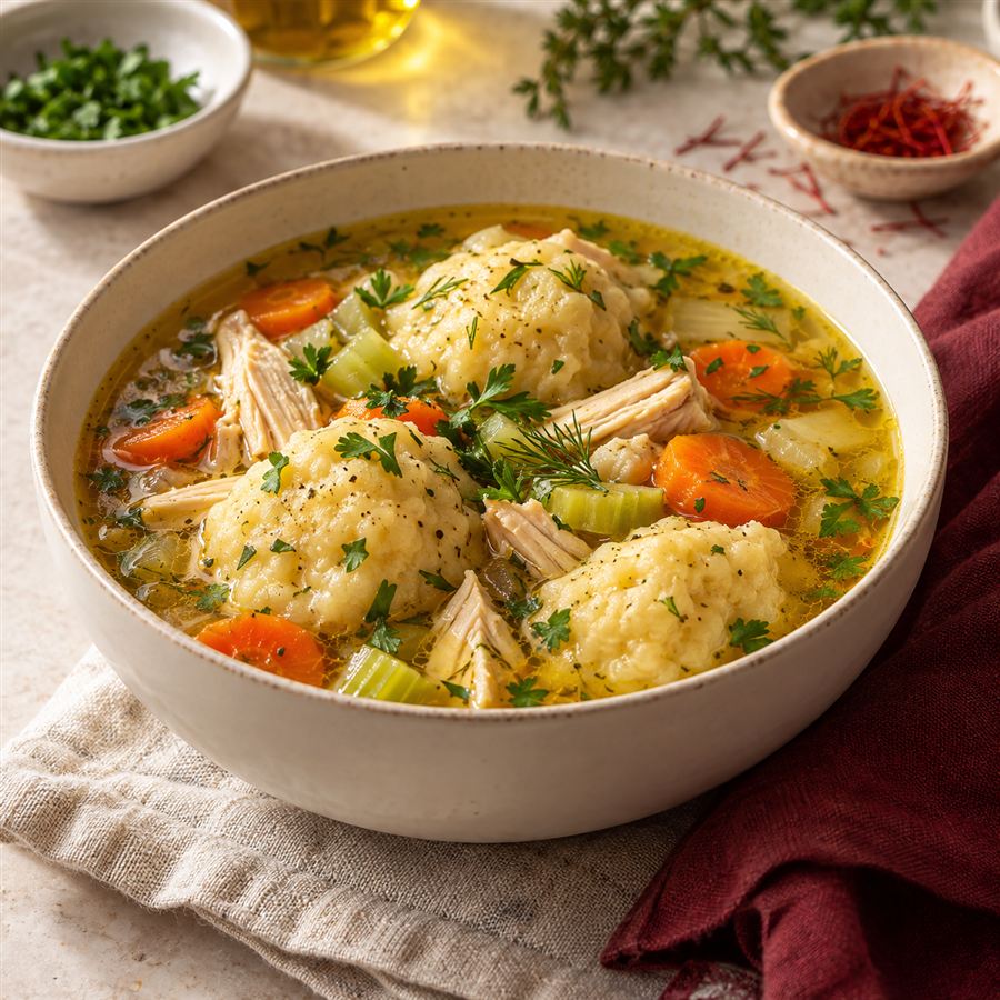 Sopa de pollo con ñoquis caseros