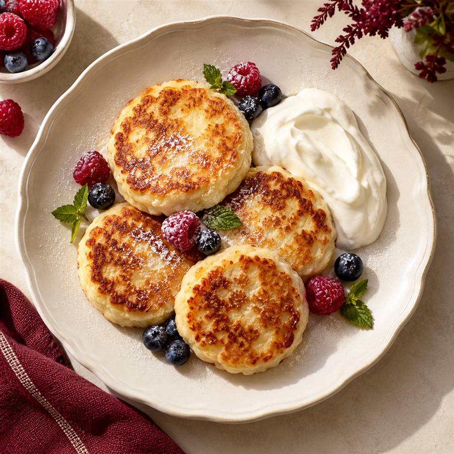 Syrniki (tortitas de queso) con crema agria