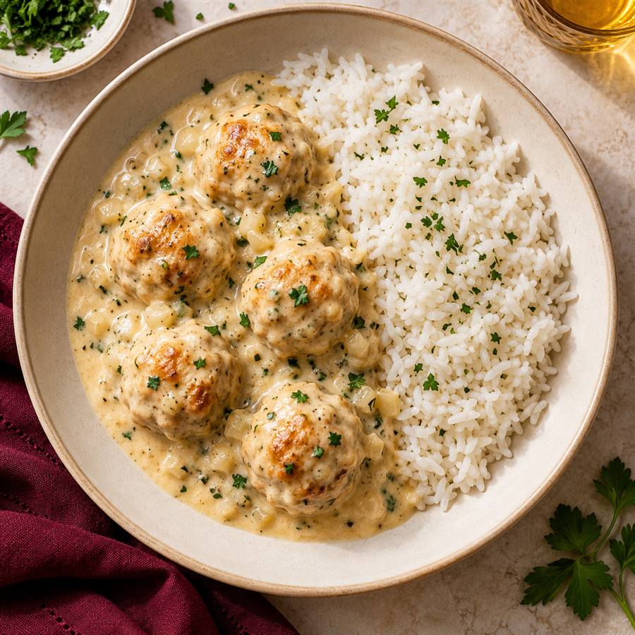 Albóndigas de pollo con arroz cremoso